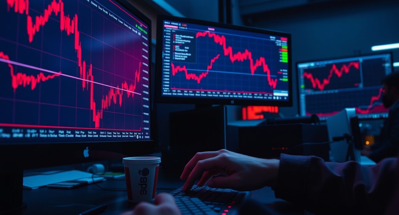 Trader monitors bearish crypto derivatives data on multiple screens