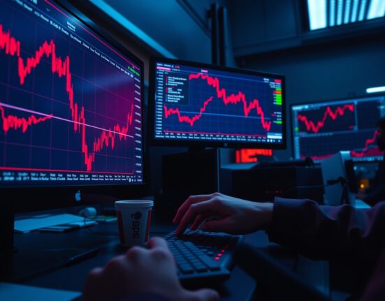 Trader monitors bearish crypto derivatives data on multiple screens