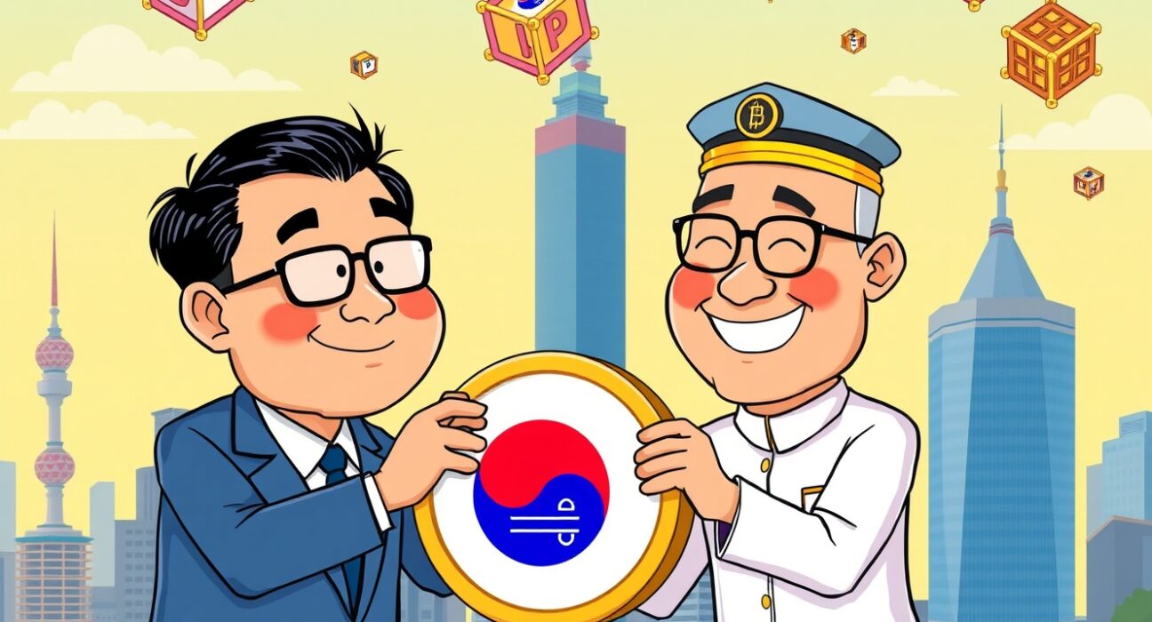 A vibrant cartoon illustrating the collaborative design of a won-denominated stablecoin in South Korea.