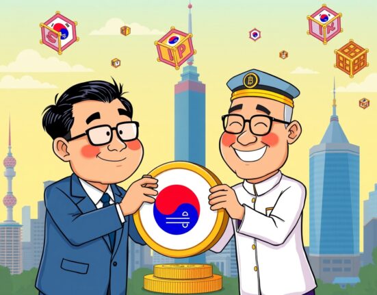 A vibrant cartoon illustrating the collaborative design of a won-denominated stablecoin in South Korea.
