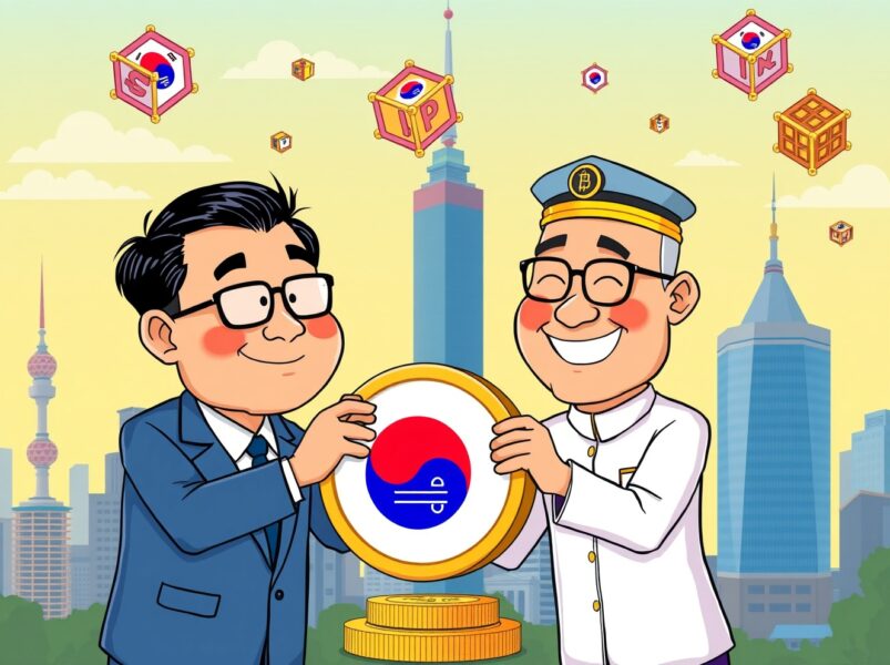 A vibrant cartoon illustrating the collaborative design of a won-denominated stablecoin in South Korea.