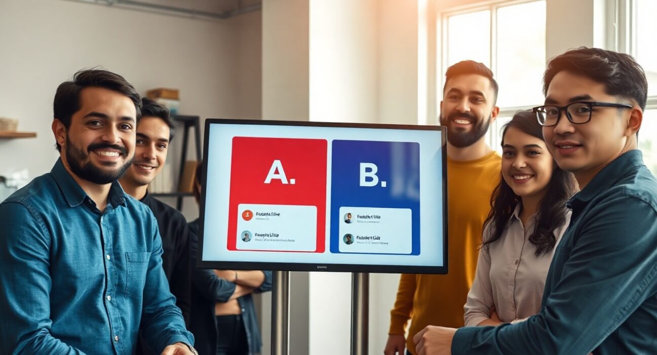 Team reviewing AI-generated design options on a large screen in a startup office