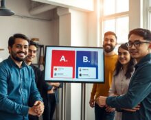 Team reviewing AI-generated design options on a large screen in a startup office