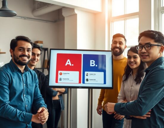 Team reviewing AI-generated design options on a large screen in a startup office