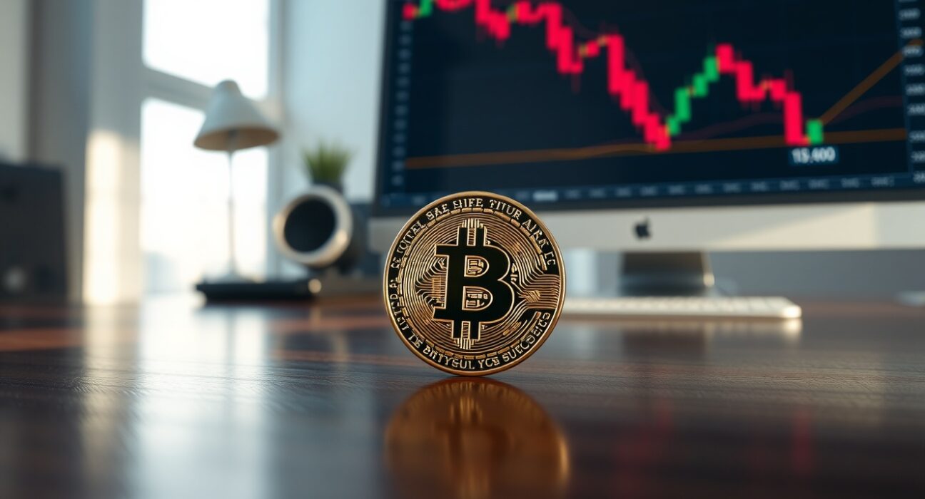 Bitcoin coin on a desk with a blurred monitor showing a red market chart in the background.