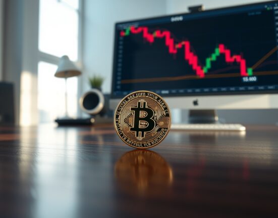 Bitcoin coin on a desk with a blurred monitor showing a red market chart in the background.