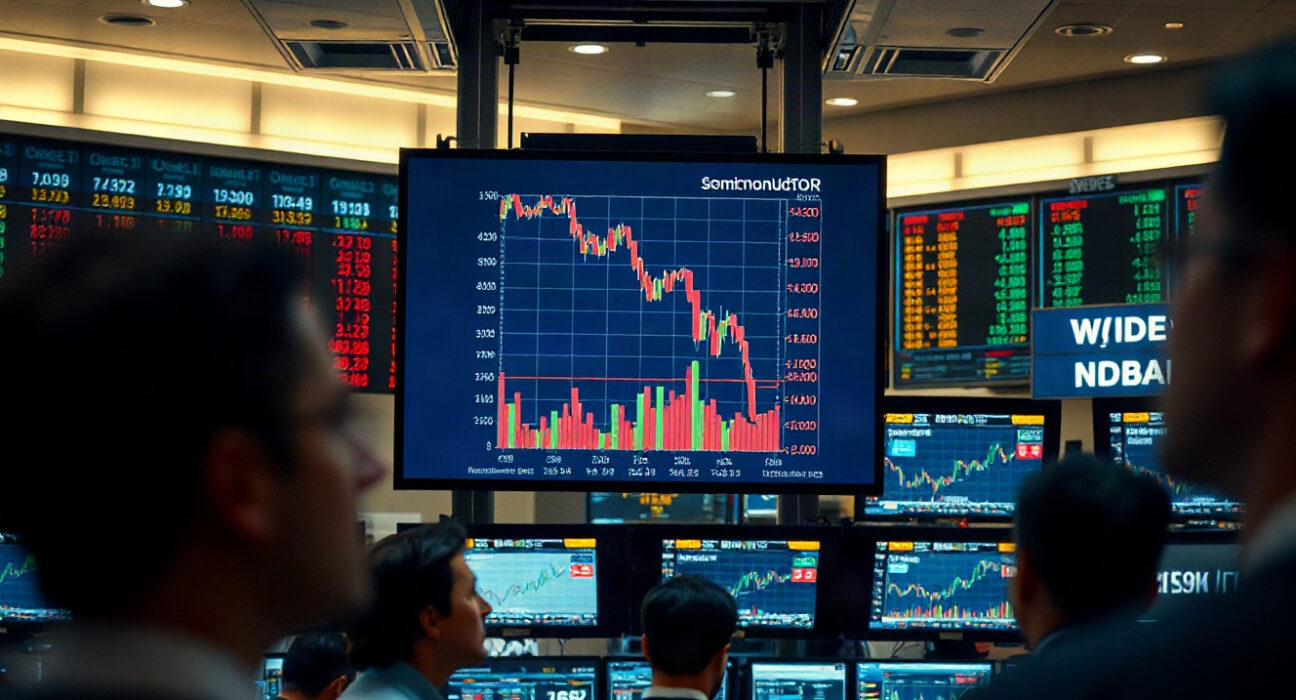 Trading floor with screen showing chip stock decline amid stagflation concerns