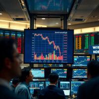 Trading floor with screen showing chip stock decline amid stagflation concerns