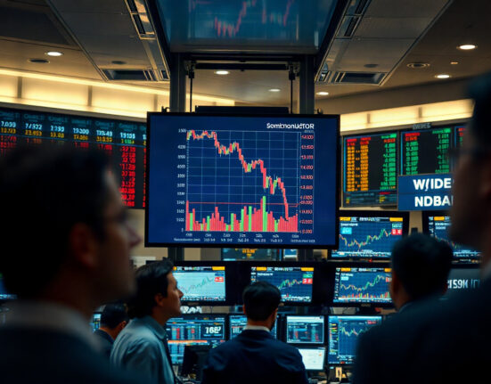 Trading floor with screen showing chip stock decline amid stagflation concerns