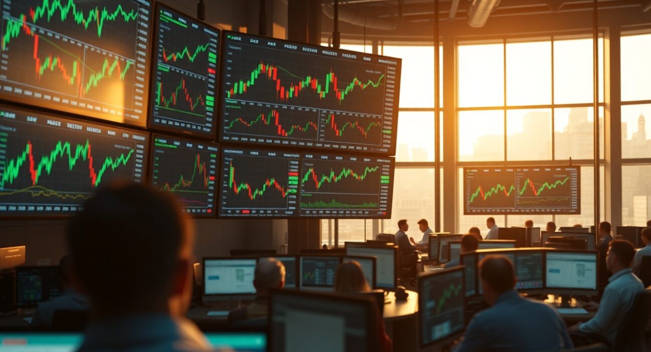 Trading floor with stock market screens showing balanced earnings and Fed risk outlook