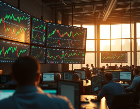 Trading floor with stock market screens showing balanced earnings and Fed risk outlook