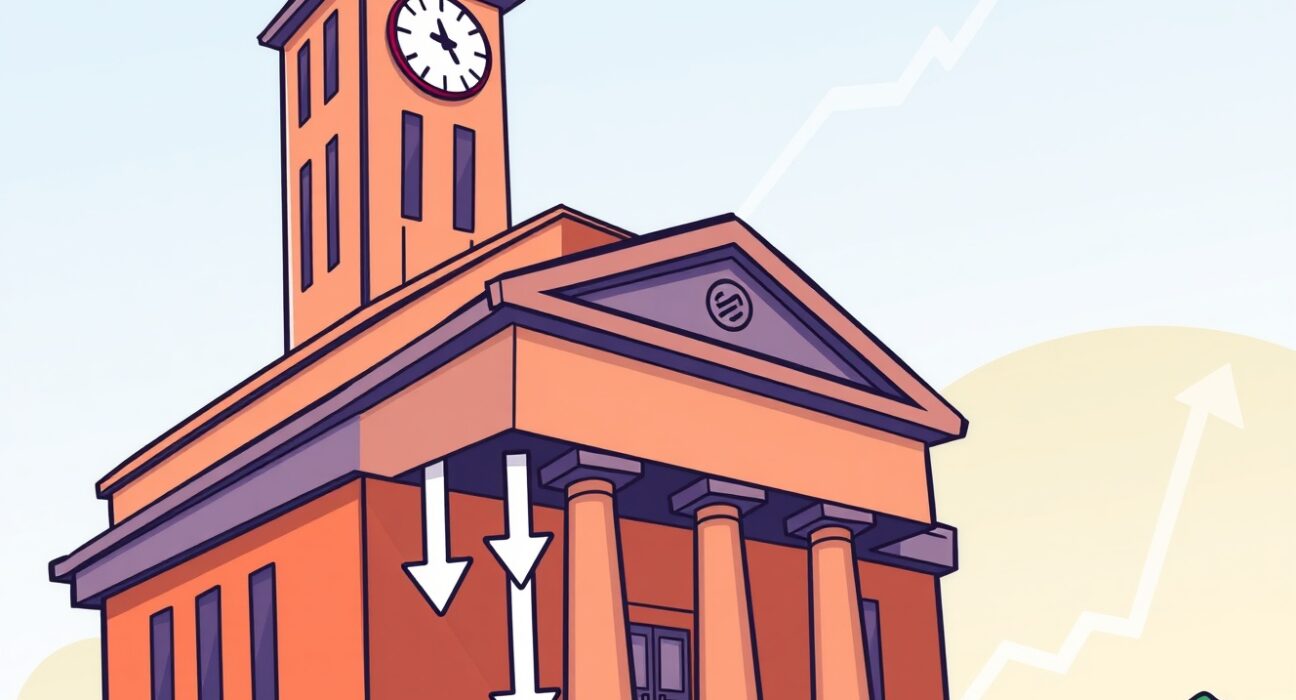 A cartoon illustration showing Deutsche Bank's crucial forecast of three Fed rate cuts this year, impacting the economy.