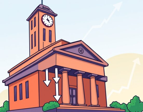 A cartoon illustration showing Deutsche Bank's crucial forecast of three Fed rate cuts this year, impacting the economy.