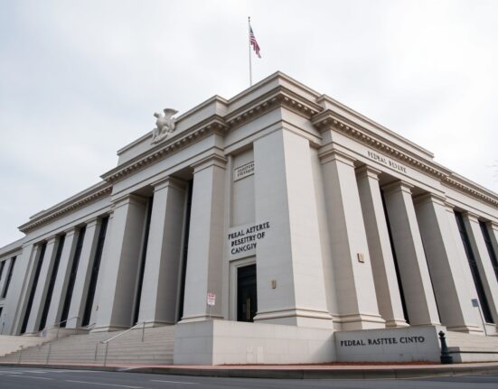 Exterior of the Federal Reserve building in Washington D.C. on an overcast day.
