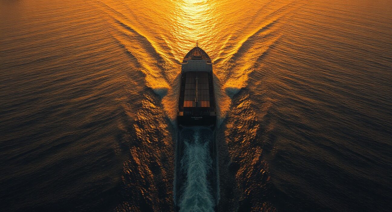 A cargo ship transits the Strait of Hormuz at sunset, highlighting the strategic waterway's role in global oil supply.
