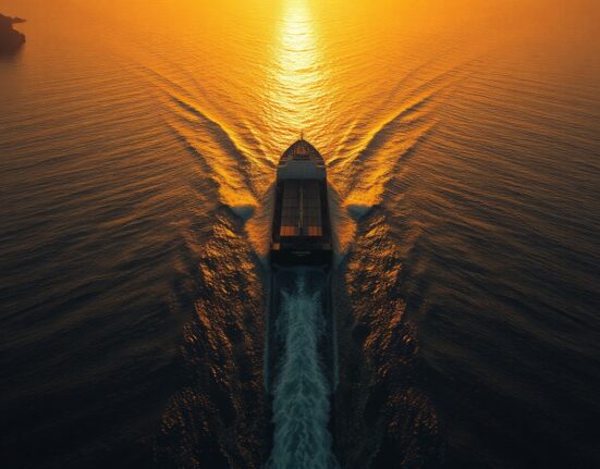 A cargo ship transits the Strait of Hormuz at sunset, highlighting the strategic waterway's role in global oil supply.