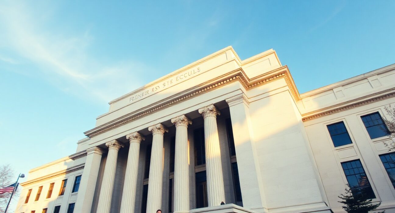 Exterior of the Federal Reserve building in Washington, D.C., on a sunny day