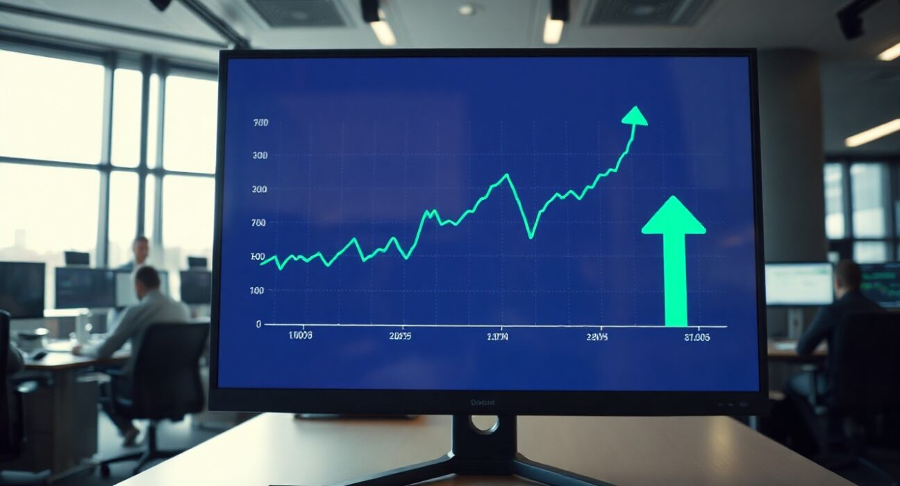 Deutsche Bank trading desk with currency chart showing upward trend for long position recommendations