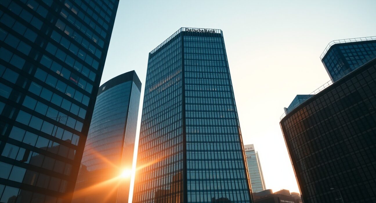 Deutsche Bank headquarters building in Frankfurt at golden hour, representing institutional finance.
