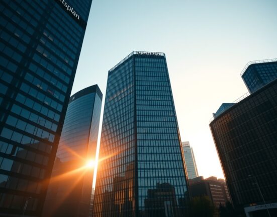 Deutsche Bank headquarters building in Frankfurt at golden hour, representing institutional finance.