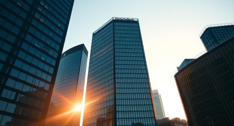 Deutsche Bank headquarters building in Frankfurt at golden hour, representing institutional finance.