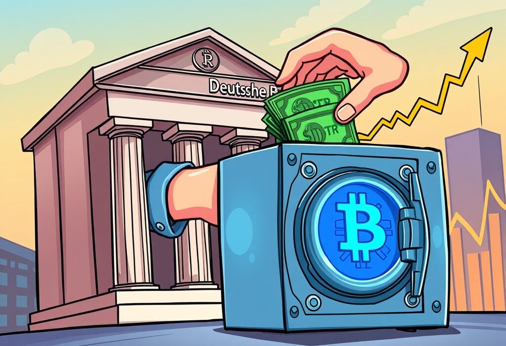 Cartoon showing Deutsche Bank's strategic MSTR investment, symbolizing growing institutional interest in Bitcoin through MicroStrategy.