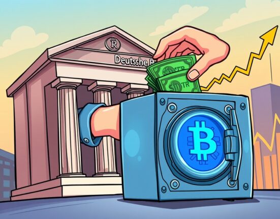 Cartoon showing Deutsche Bank's strategic MSTR investment, symbolizing growing institutional interest in Bitcoin through MicroStrategy.