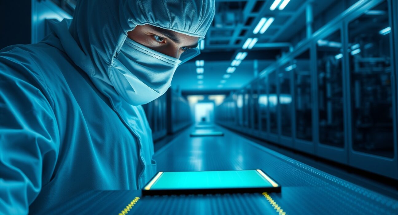 Technician inspecting a glowing semiconductor wafer in a clean room facility