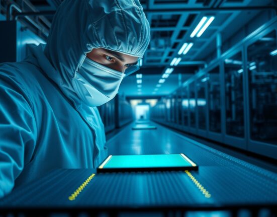 Technician inspecting a glowing semiconductor wafer in a clean room facility