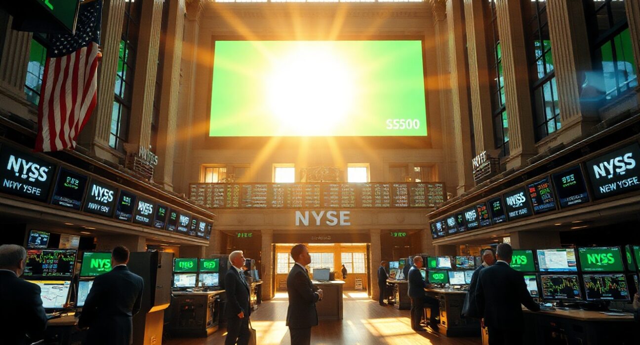 New York Stock Exchange trading floor with electronic ticker board displaying S&P 500 index in green
