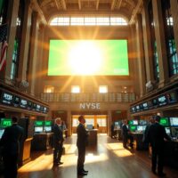 New York Stock Exchange trading floor with electronic ticker board displaying S&P 500 index in green