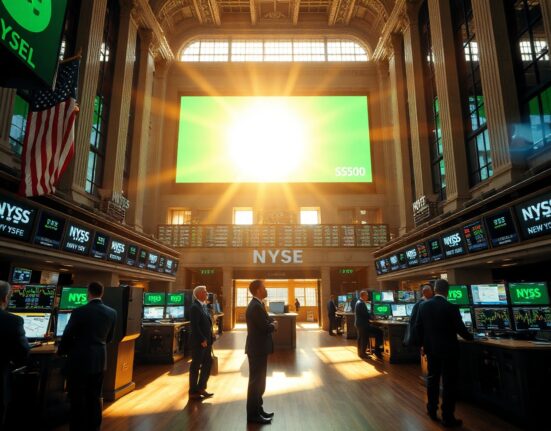 New York Stock Exchange trading floor with electronic ticker board displaying S&P 500 index in green