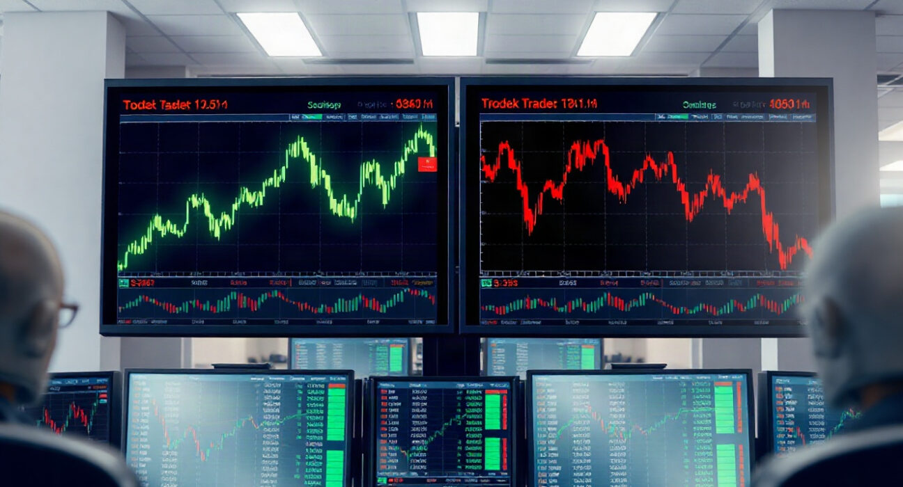 Trading floor monitors showing divergent market trends, symbolizing tech gains vs broader weakness