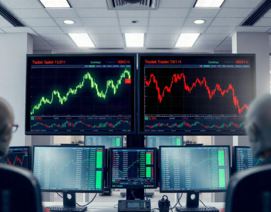 Trading floor monitors showing divergent market trends, symbolizing tech gains vs broader weakness