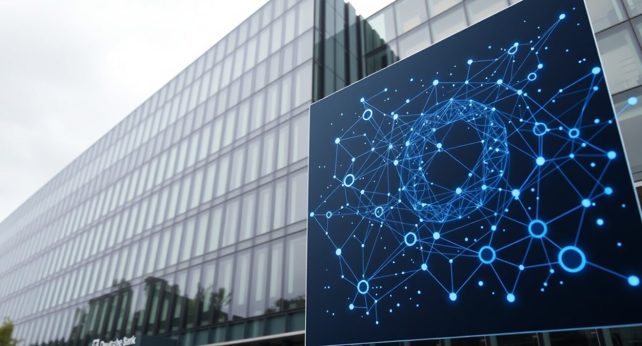 Deutsche Bank headquarters in Frankfurt with digital blockchain projection symbolizing tokenization