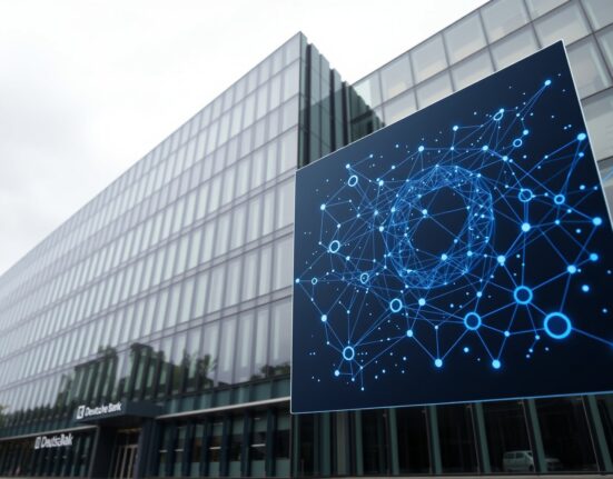 Deutsche Bank headquarters in Frankfurt with digital blockchain projection symbolizing tokenization