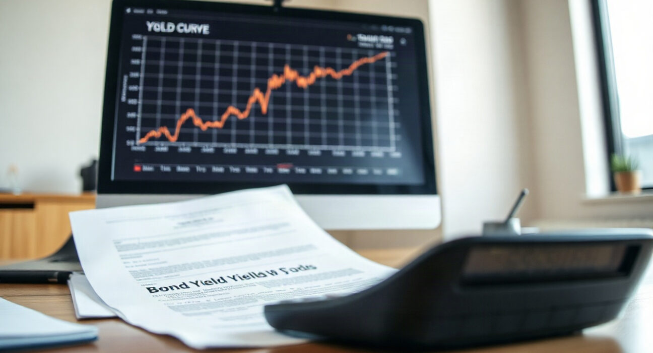 Analyst desk with bond yield curve chart and Treasury documents
