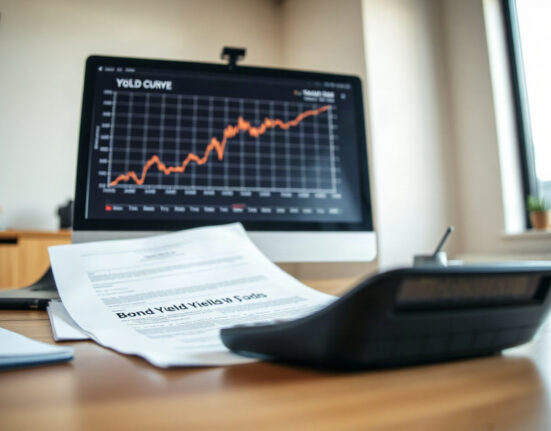 Analyst desk with bond yield curve chart and Treasury documents
