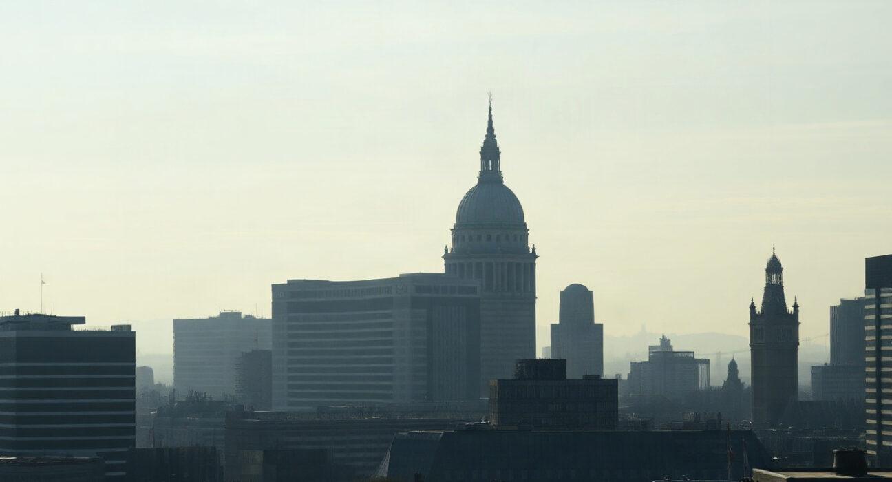 London financial district skyline with Bank of England building, representing UK economic outlook