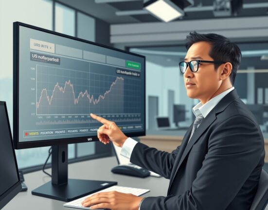 Financial analyst reviews US payrolls data chart with Deutsche Bank forecast implications for USD