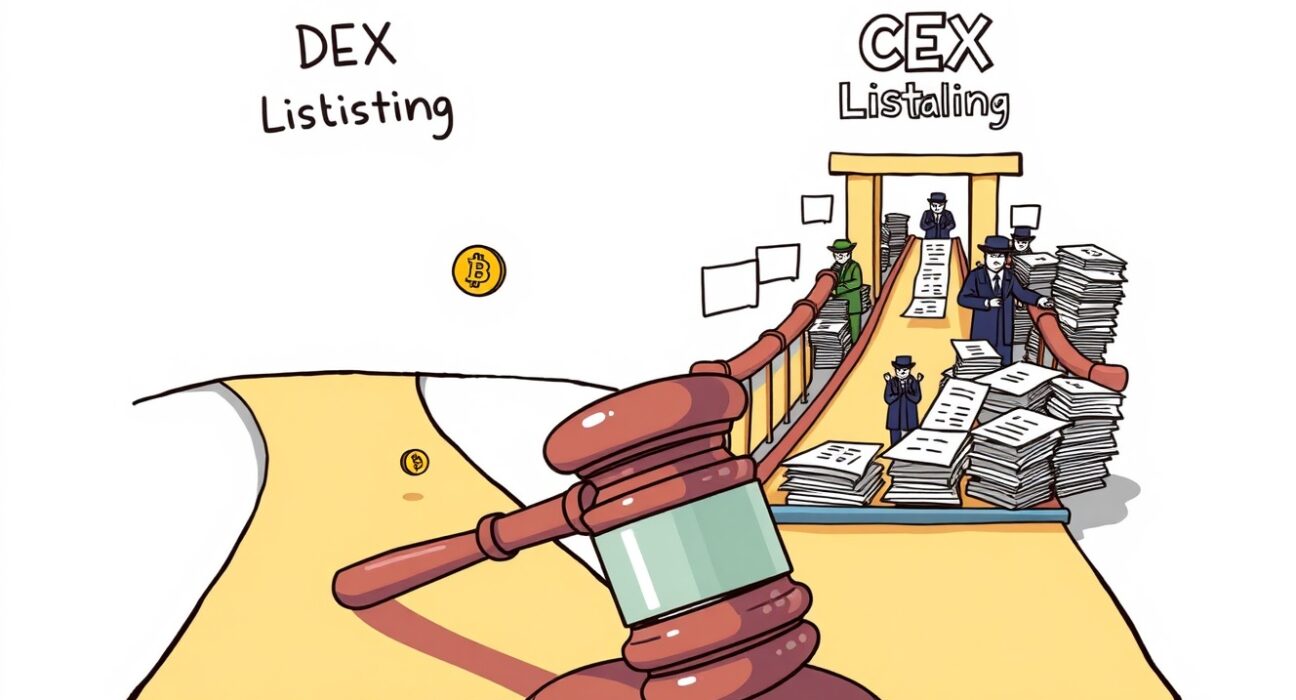 Cartoon showing easy DEX listing versus difficult CEX listing, reflecting the South Korean court's ruling on DEX CEX listing differences.