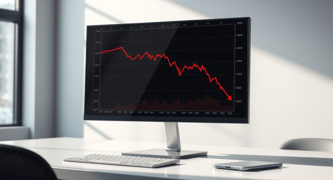 Chart showing declining DEX trading volume on a professional trading desk monitor.