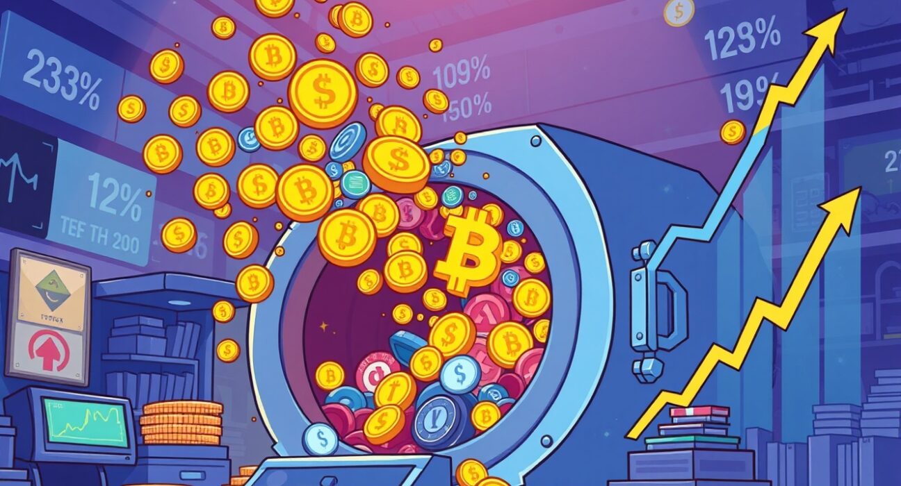 A cartoon illustration showing a record DEX trading volume surge, with crypto symbols overflowing a digital vault.