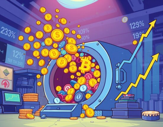 A cartoon illustration showing a record DEX trading volume surge, with crypto symbols overflowing a digital vault.