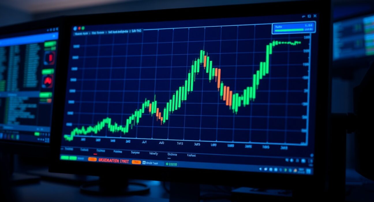 Digital trading screen showing a sharp green candlestick spike indicating a rapid price increase.