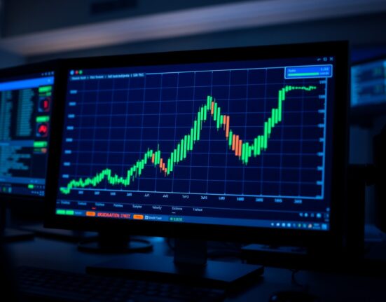 Digital trading screen showing a sharp green candlestick spike indicating a rapid price increase.