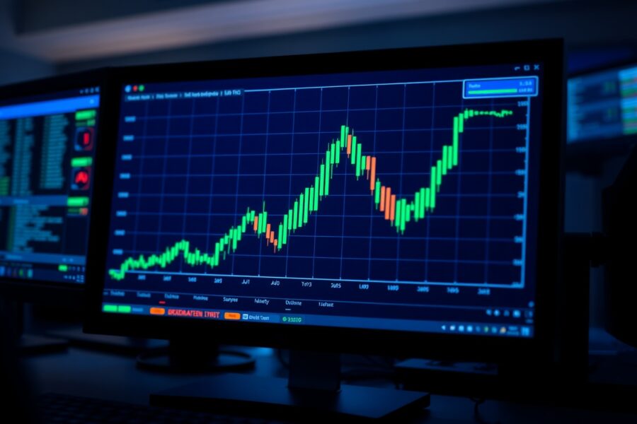 Digital trading screen showing a sharp green candlestick spike indicating a rapid price increase.