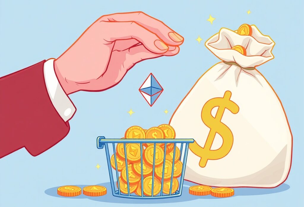 Cartoon illustration of a significant DFG founder ETH dump, showing large profits being made from Ethereum holdings.