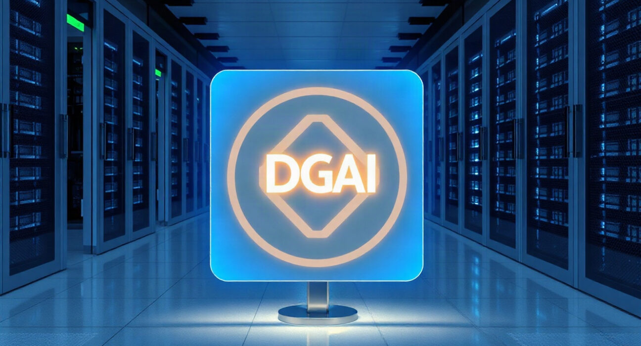 DGAI token hologram in a data center, representing DGrid AI's decentralized network