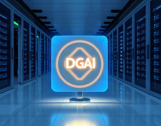 DGAI token hologram in a data center, representing DGrid AI's decentralized network